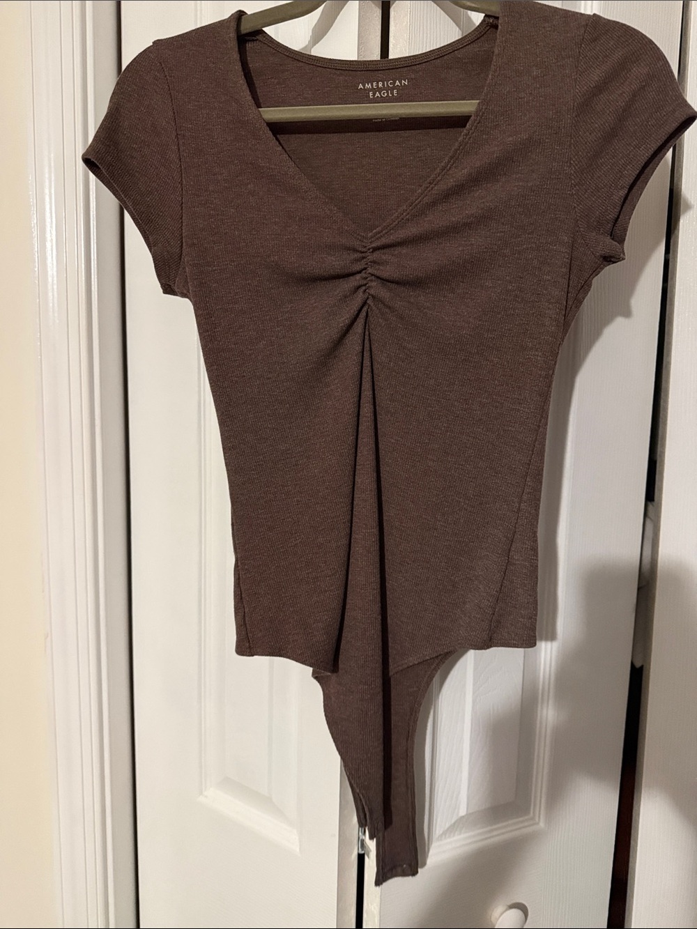 American Eagle Outfitters Brown Ruched V-Neck Stretch Bodysuit